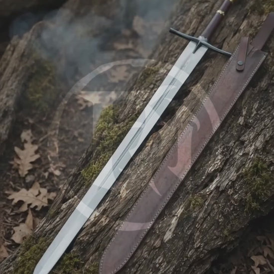 Product showcase video featuring the Chronicles of Narnia Peter Pevensie Rhindon Sword, engraved silver blade, dark handle, gold lion pommel, brown leather sheath and display plaque