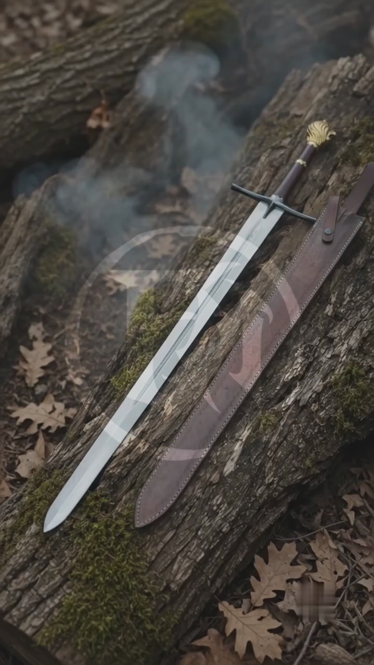 Product showcase video featuring the Chronicles of Narnia Peter Pevensie Rhindon Sword, engraved silver blade, dark handle, gold lion pommel, brown leather sheath and display plaque