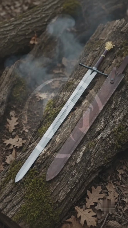 Product showcase video featuring the Chronicles of Narnia Peter Pevensie Rhindon Sword, engraved silver blade, dark handle, gold lion pommel, brown leather sheath and display plaque