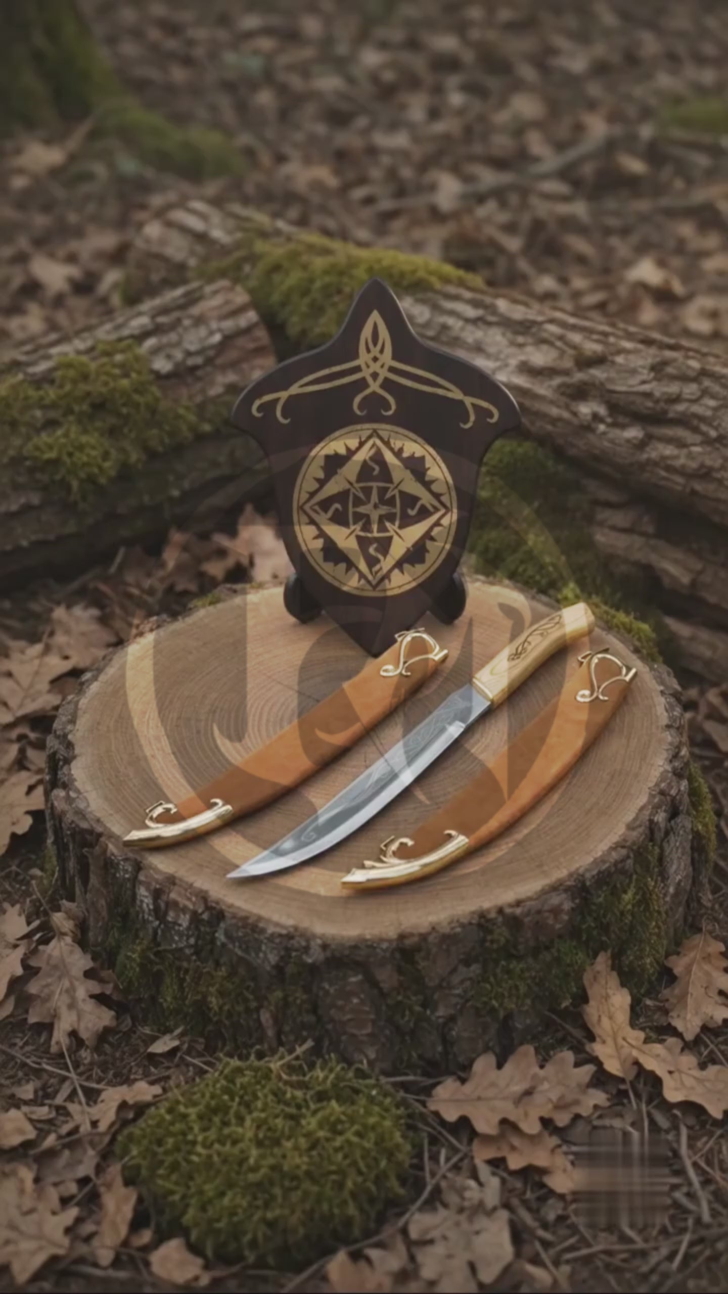 Product video showing the Legolas Daggers LOTR replica set, including both elven daggers, engraved blades, wood handles, matching scabbards and decorative wall plaque
