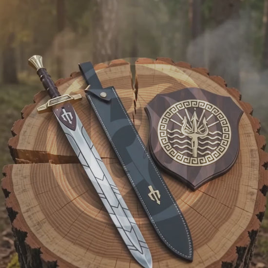 Product showcase video featuring the Riptide Anaklusmos Percy Jackson sword replica, engraved silver blade, gold guard, brown handle, black stitched sheath and Greek trident display plaque in a woodland setting.