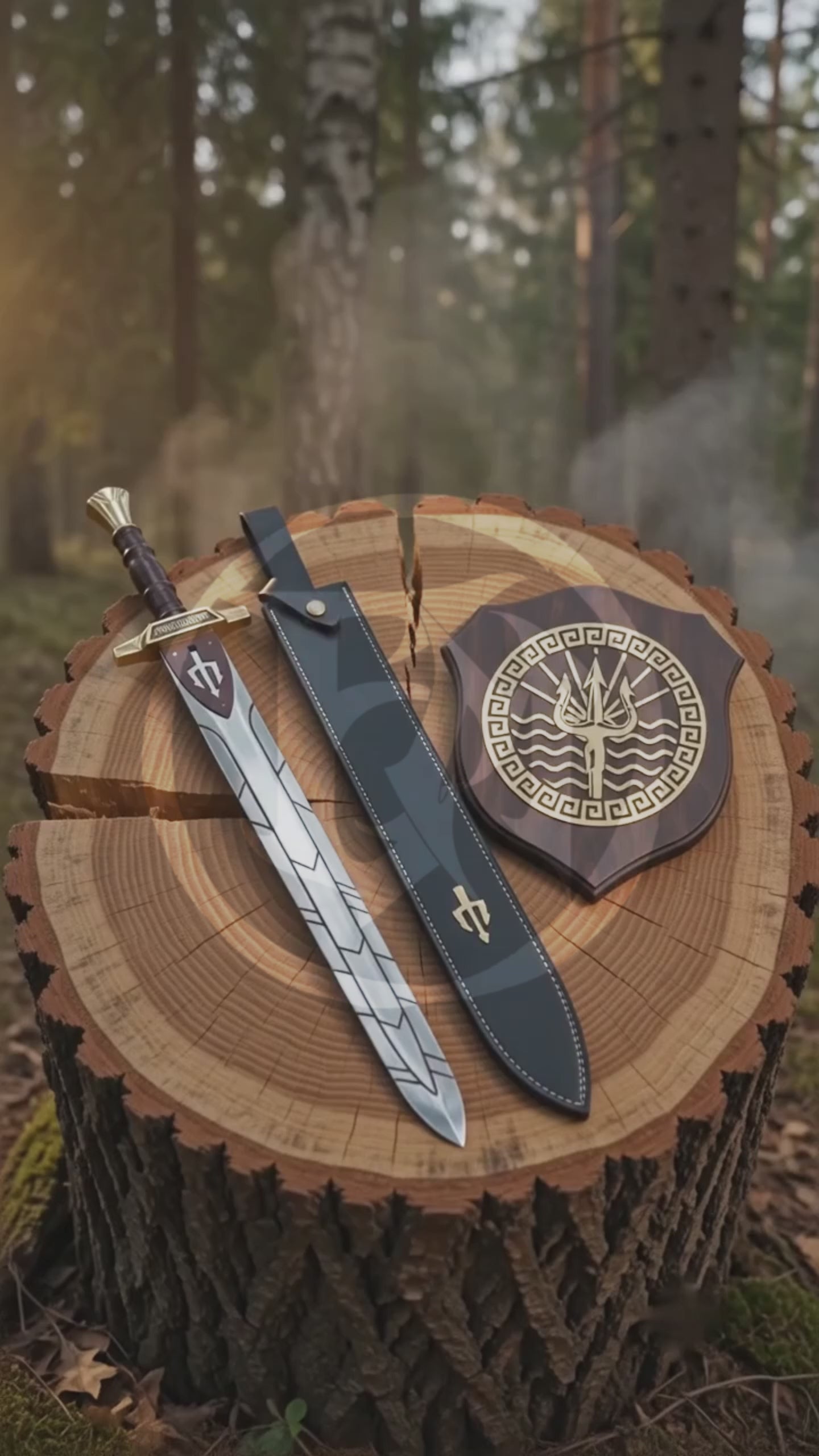 Product showcase video featuring the Riptide Anaklusmos Percy Jackson sword replica, engraved silver blade, gold guard, brown handle, black stitched sheath and Greek trident display plaque in a woodland setting.
