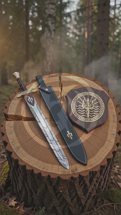 Product showcase video featuring the Riptide Anaklusmos Percy Jackson sword replica, engraved silver blade, gold guard, brown handle, black stitched sheath and Greek trident display plaque in a woodland setting.