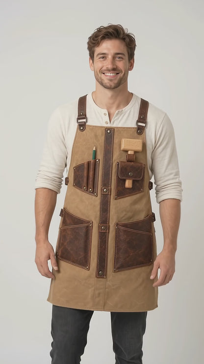 Explore the Measure Line Sand Beige Cowhide Leather Apron with its contrasting brown tool pockets, vintage-style finish and workshop-inspired design. See the apron worn during woodworking activity.