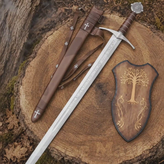 Presenting the Accolade Knights Templar Sword Replica, showing its engraved blade, silver guard and detailed handle in a medieval setting