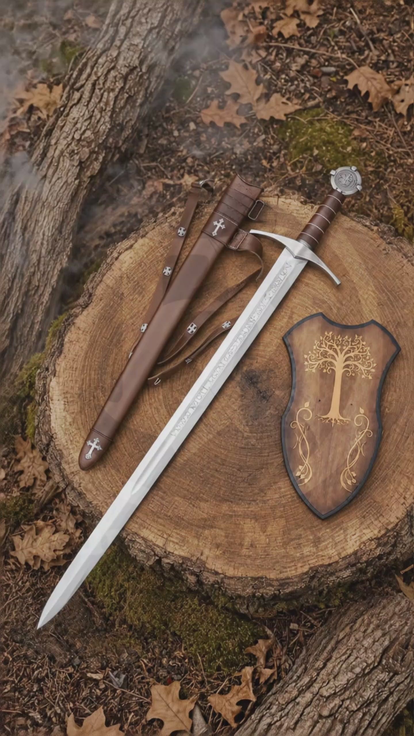 Presenting the Accolade Knights Templar Sword Replica, showing its engraved blade, silver guard and detailed handle in a medieval setting