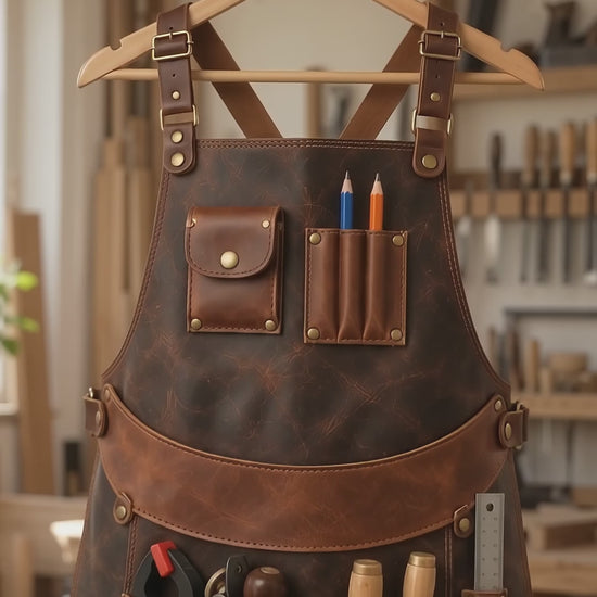 Explore the Bench Grid Walnut Brown Cowhide Leather Apron by Europe Mark. Discover its distressed brown finish, contrasting utility pockets, adjustable cross-back straps and practical woodworking tool storage.