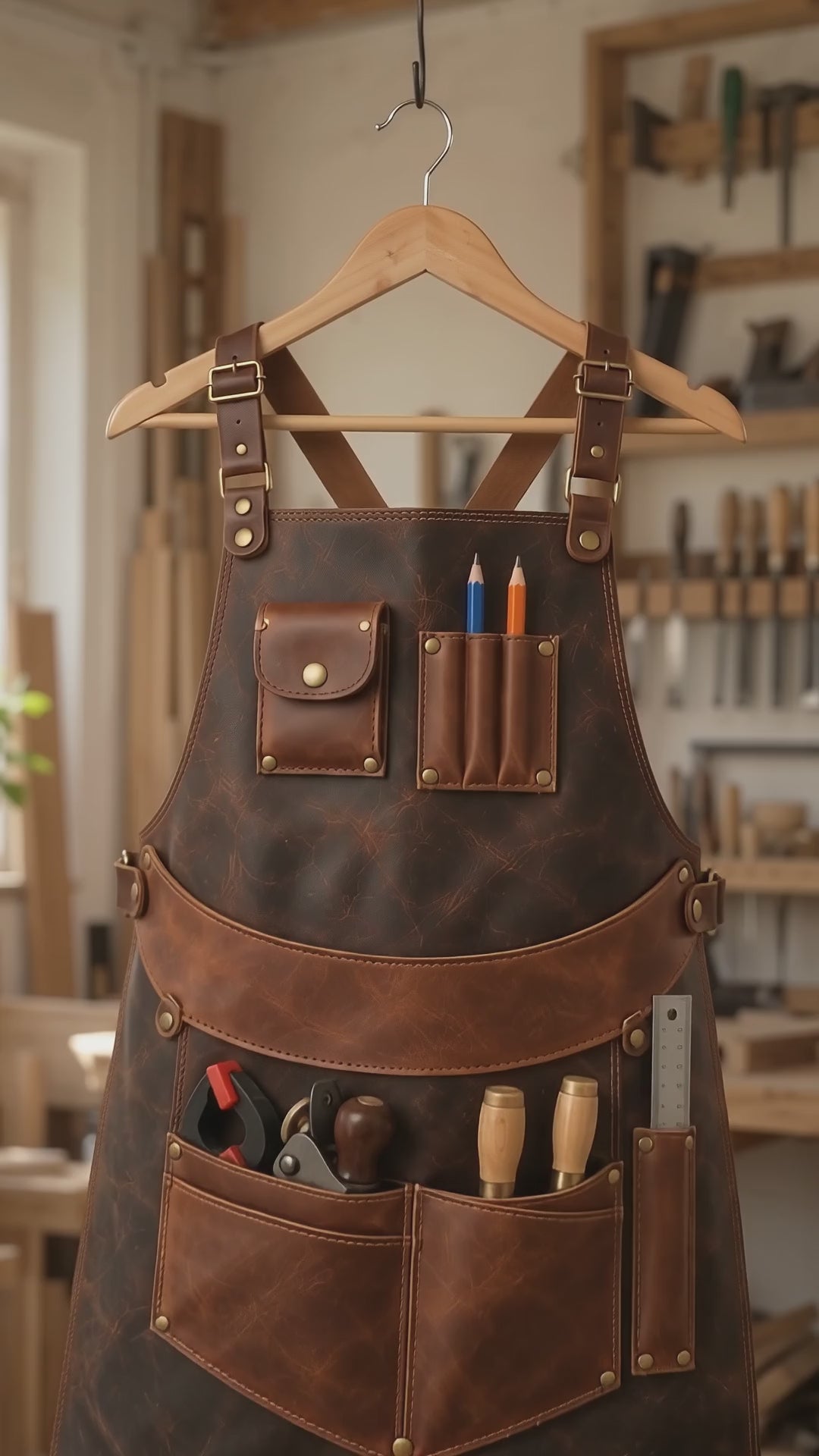 Explore the Bench Grid Walnut Brown Cowhide Leather Apron by Europe Mark. Discover its distressed brown finish, contrasting utility pockets, adjustable cross-back straps and practical woodworking tool storage.