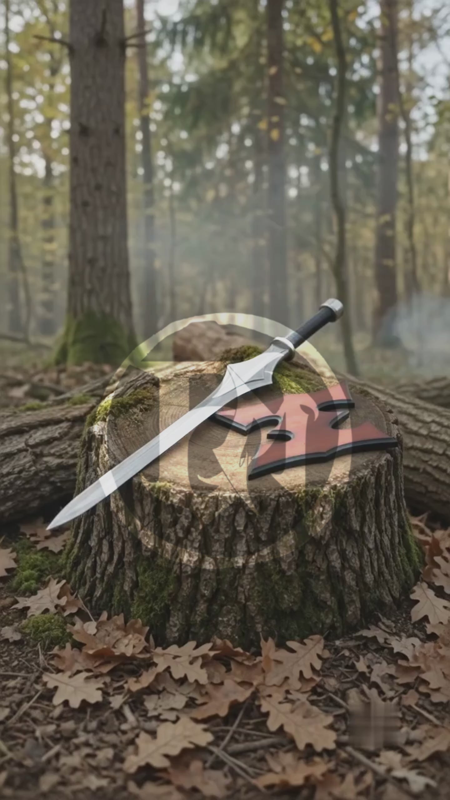 Vertical product video showing the silver He-Man Power Sword, black grip and collector display details in an atmospheric woodland setting.