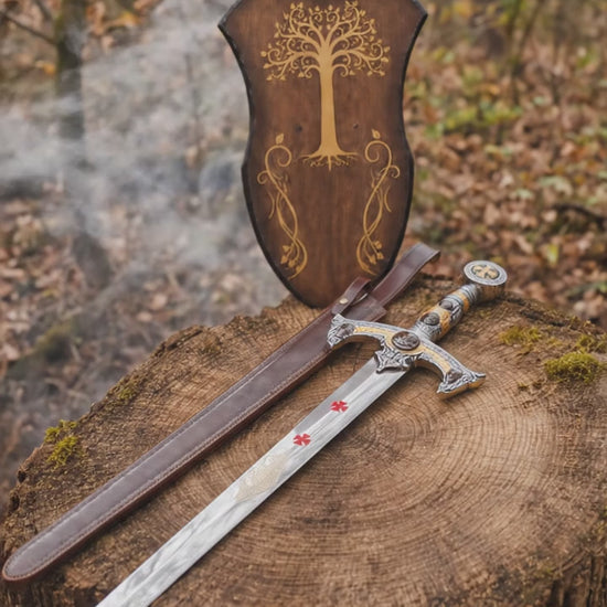 Product showcase video of the Templar Knights stainless steel sword replica featuring its ornate silver and gold handle, red cross blade details, brown leather scabbard and decorative wall plaque