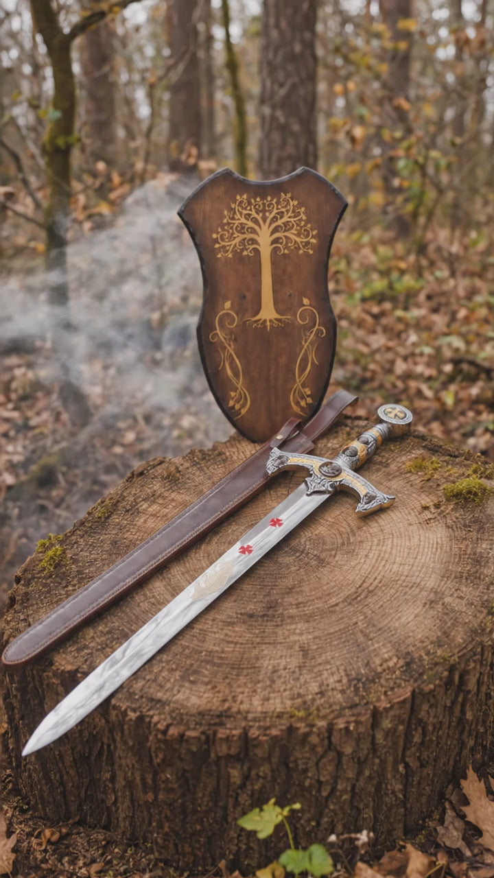 Product showcase video of the Templar Knights stainless steel sword replica featuring its ornate silver and gold handle, red cross blade details, brown leather scabbard and decorative wall plaque