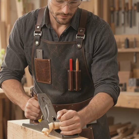 A woodworker wearing the graphite charcoal and brown leather apron uses a hand plane on a timber workpiece in a workshop. The video shows the apron during woodworking activity, including its upper pockets, shoulder straps and front tool storage.