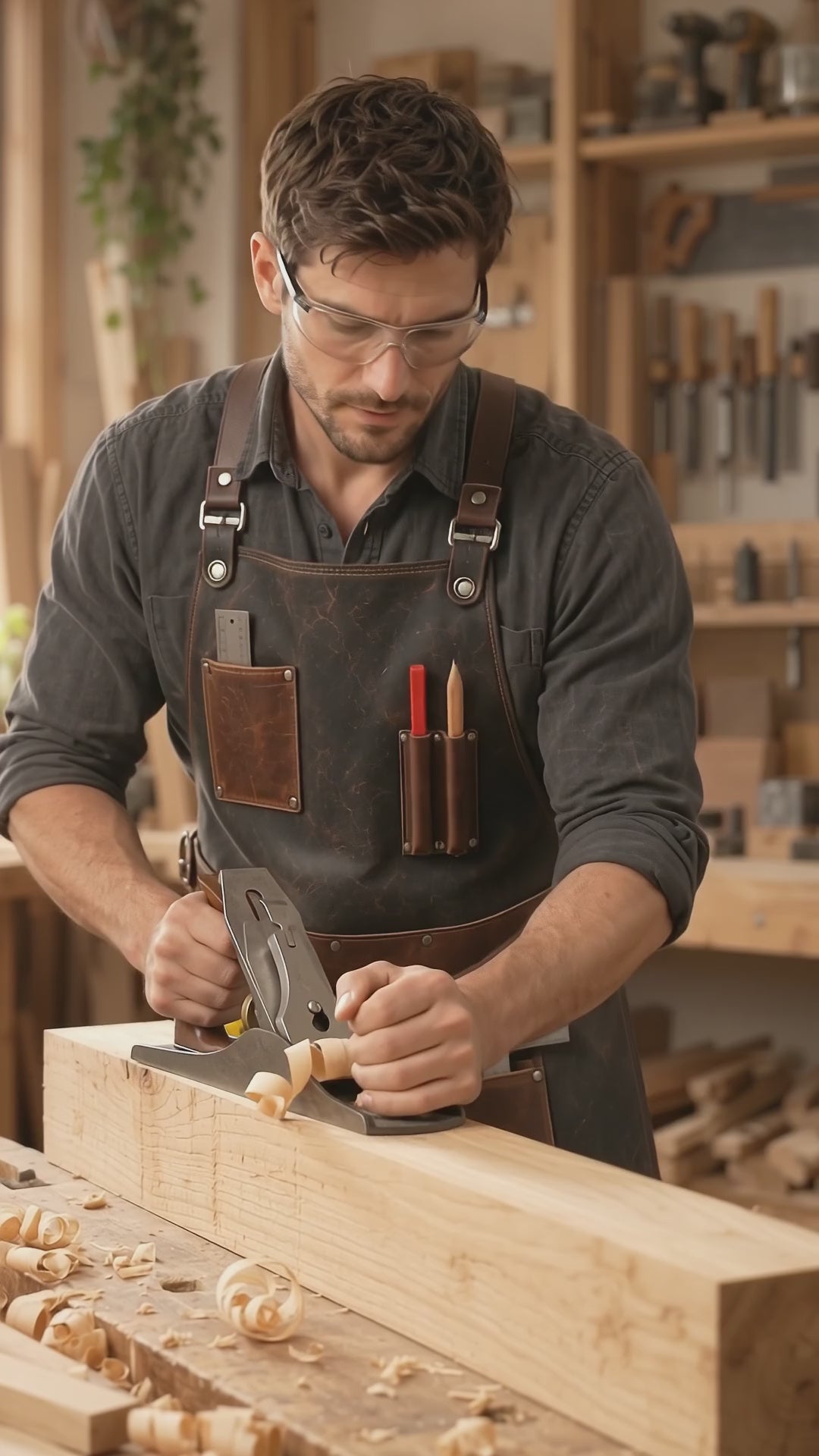 A woodworker wearing the graphite charcoal and brown leather apron uses a hand plane on a timber workpiece in a workshop. The video shows the apron during woodworking activity, including its upper pockets, shoulder straps and front tool storage.