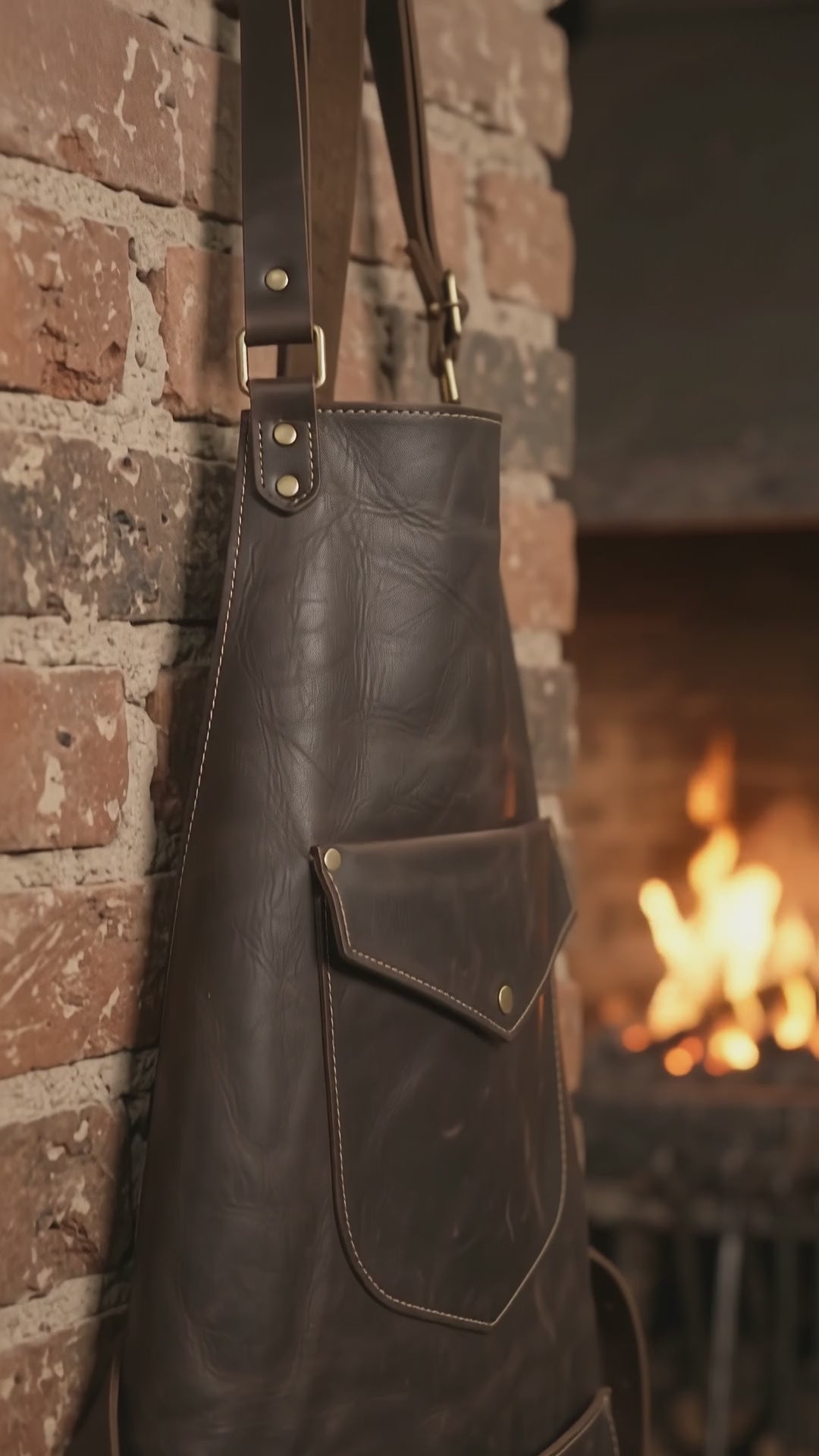 Anvil Arc Blacksmith Leather Apron — obsidian black cowhide, adjustable cross-back straps, antique brass-finish details and practical front pockets. Built around the traditional look of blacksmith workshop wear.