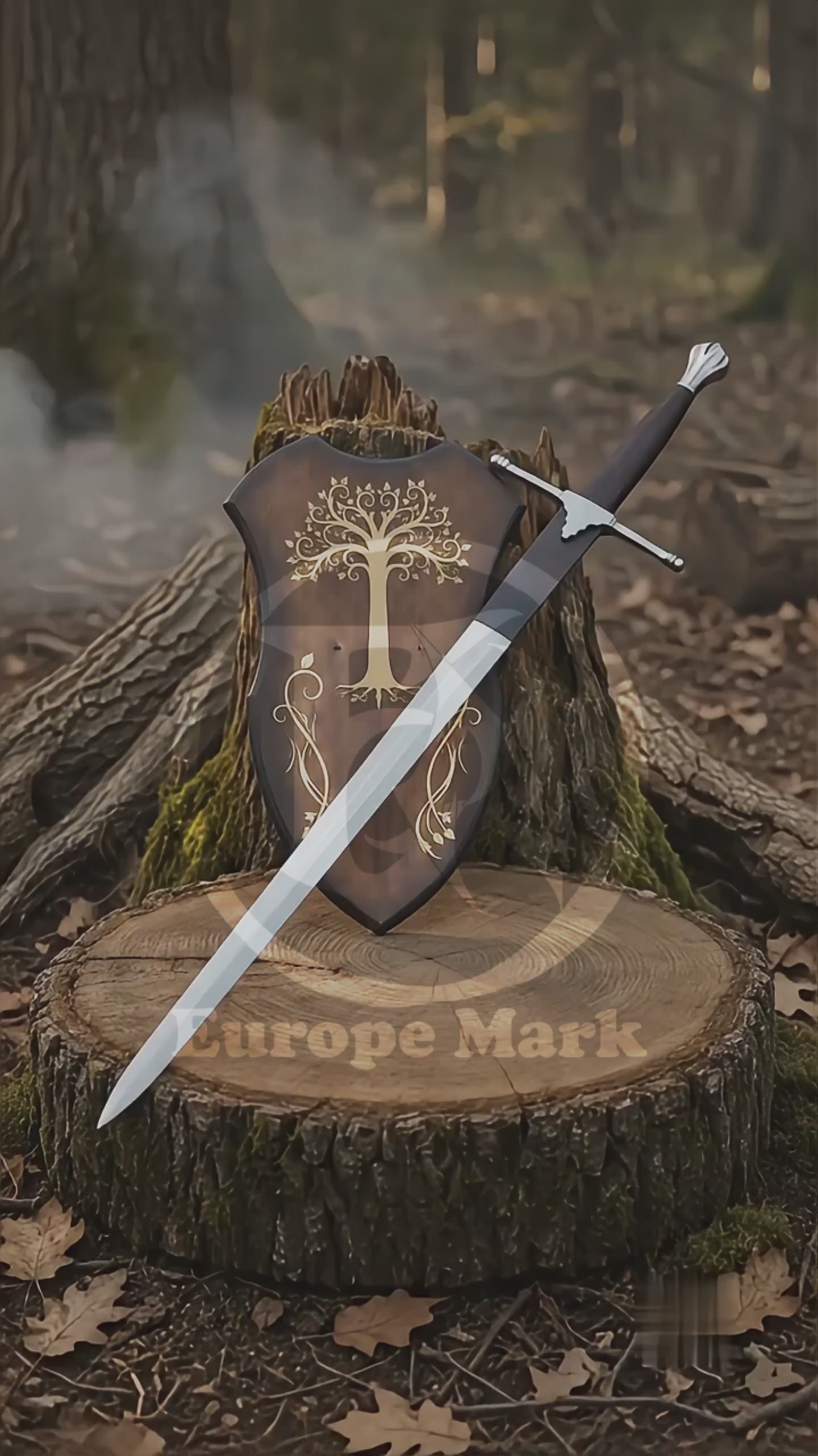 Vertical product showcase video featuring the Braveheart William Wallace Sword Prop displayed with a decorative wall plaque on a woodland tree stump, followed by a masked model in black gloves presenting its long silver blade, straight crossguard and dark wrapped handle.