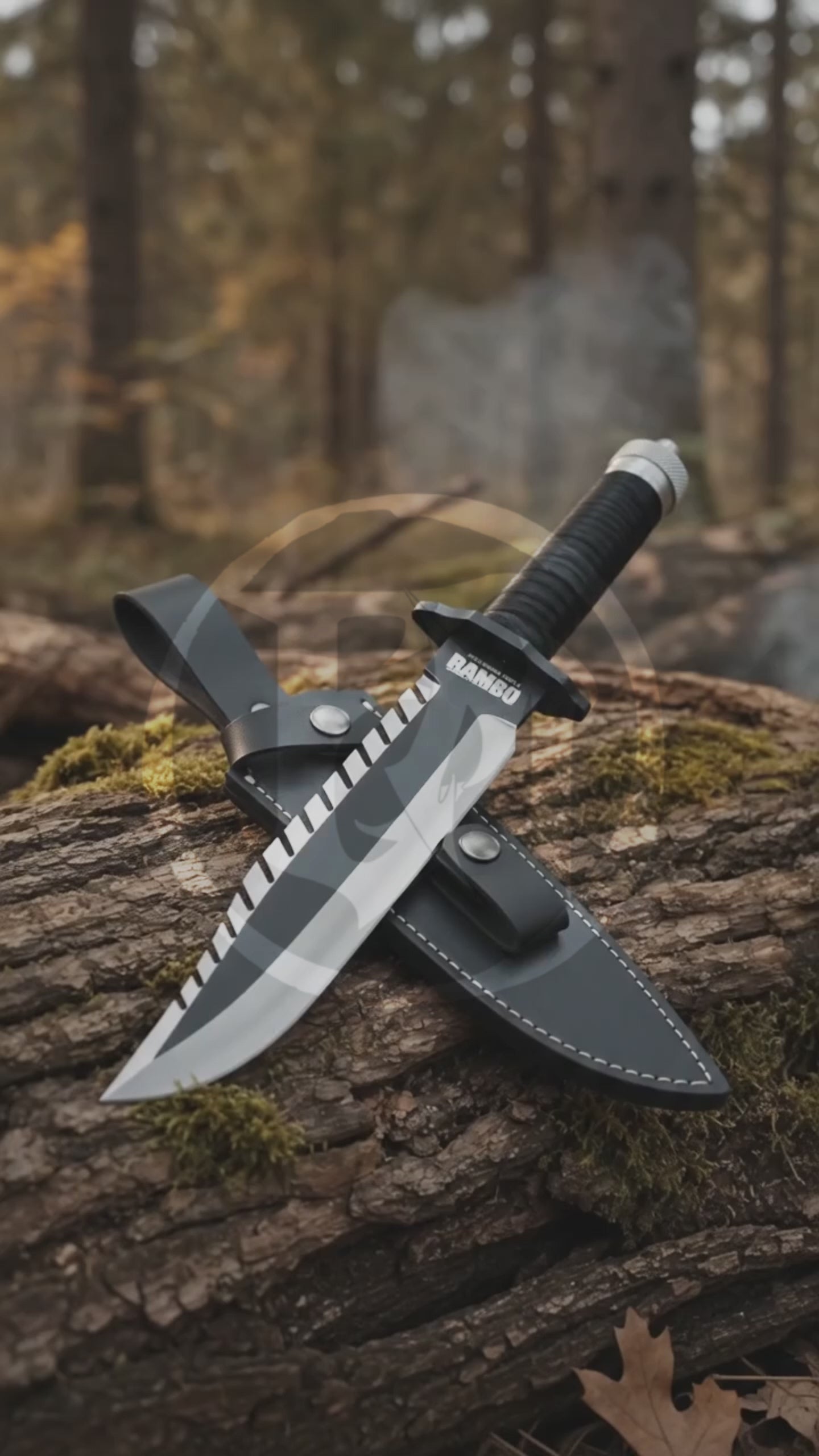 Cinematic woodland showcase of the Rambo First Blood Part II knife replica featuring its matte black sawback blade, cord-wrapped handle, printed detailing and stitched leather sheath.
