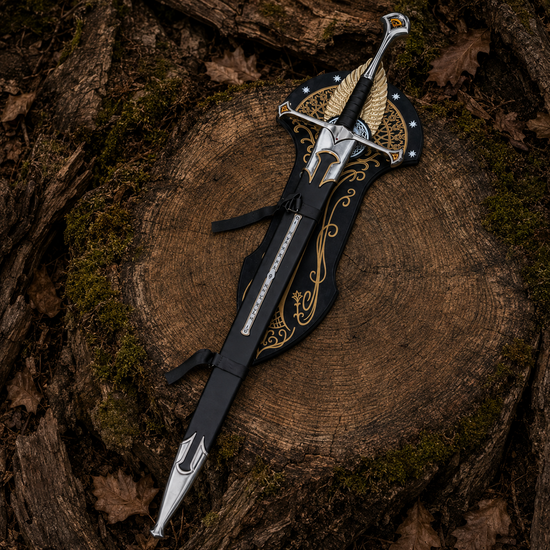 A closer look at the Museum Collection Anduril Narsil Sword, decorative blade details and ornate collector wall display in an atmospheric woodland setting.