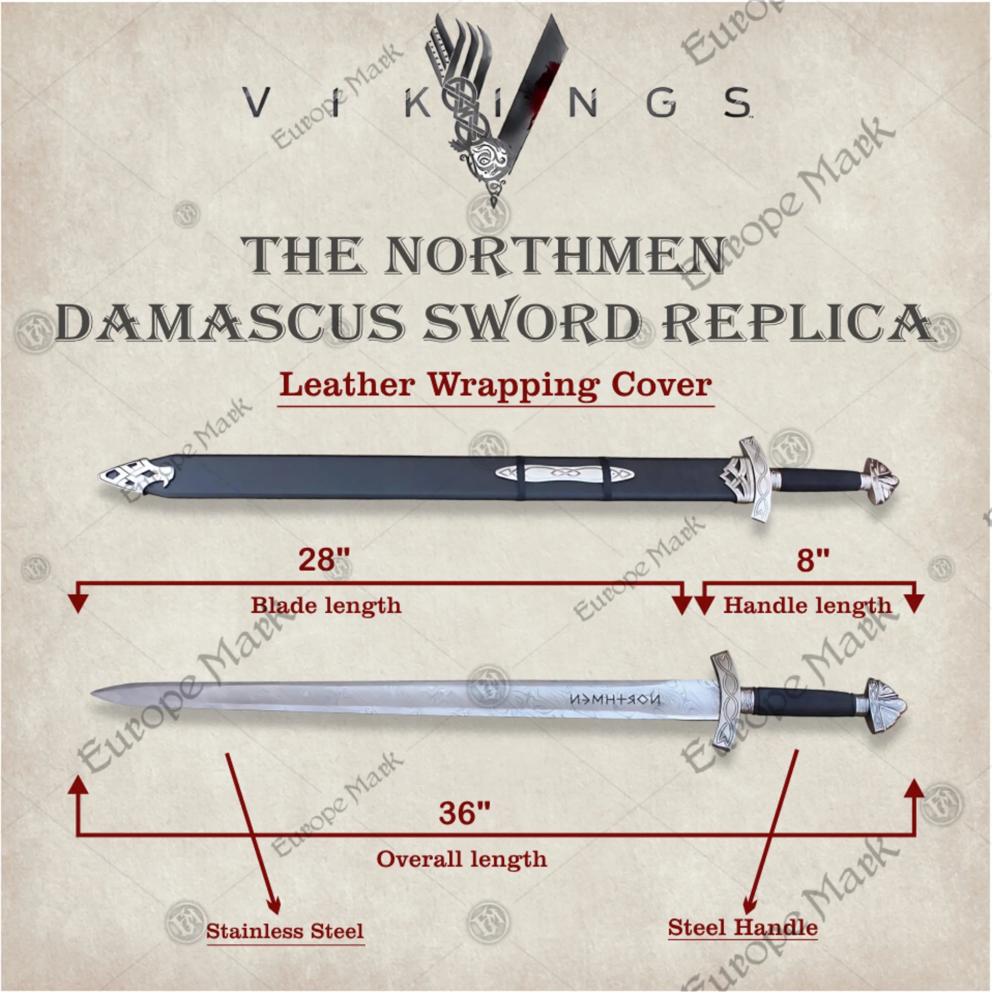 Premium Ragnar Lothbrok Damascus Sword Replica with Runic Plaque