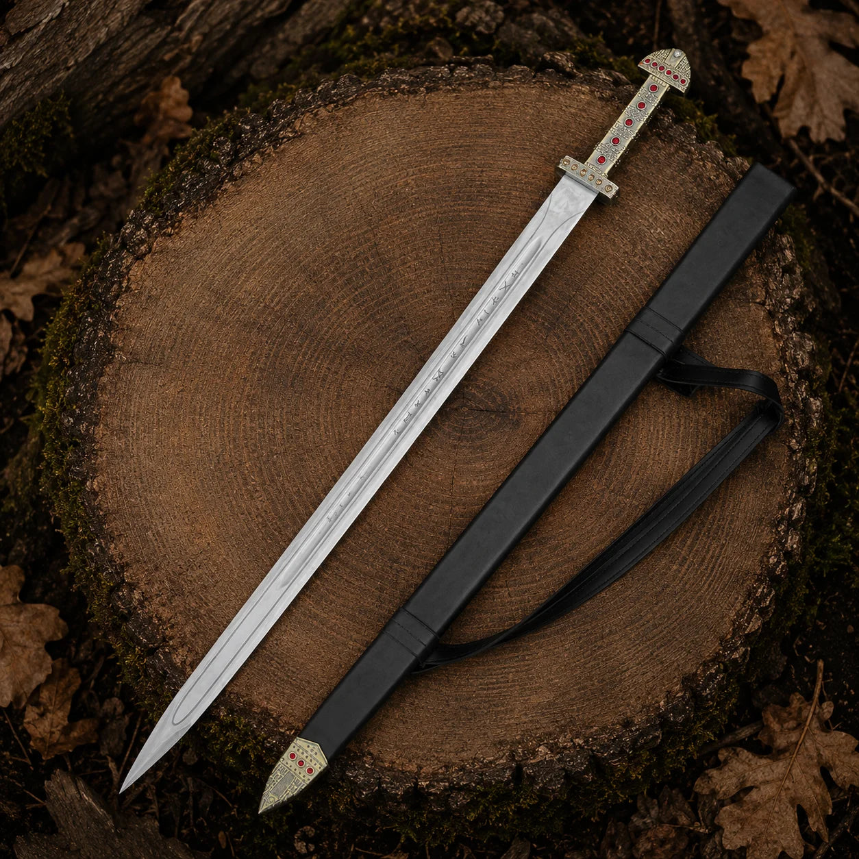 Ragnar Lothbrok Viking sword replica and matching black scabbard displayed together on a woodland tree stump