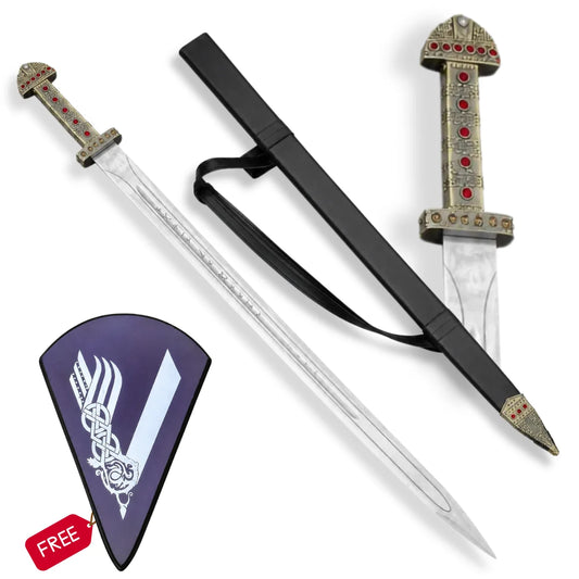 Ragnar Lothbrok Viking sword replica with engraved silver blade, black scabbard and free Viking wall plaque on white background