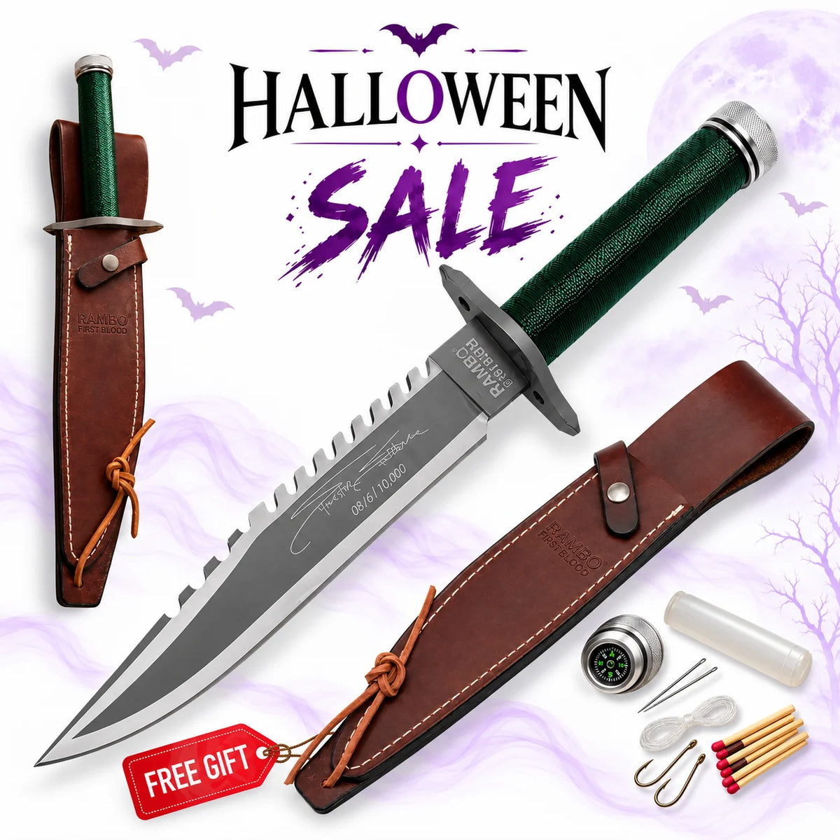 Rambo First Blood Part I signature survival knife replica with green handle, silver sawback blade, brown leather sheath and survival kit in Halloween sale.