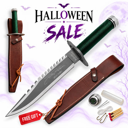 Rambo First Blood Part I signature survival knife replica with green handle, silver sawback blade, brown leather sheath and survival kit in Halloween sale.