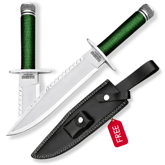 Rambo First Blood Part I Signature Edition prop replica with silver blade, green wrapped handle and black leather sheath