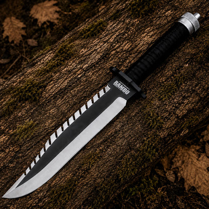 Full view of the Rambo First Blood Part II knife with black sawback blade and cord-wrapped handle