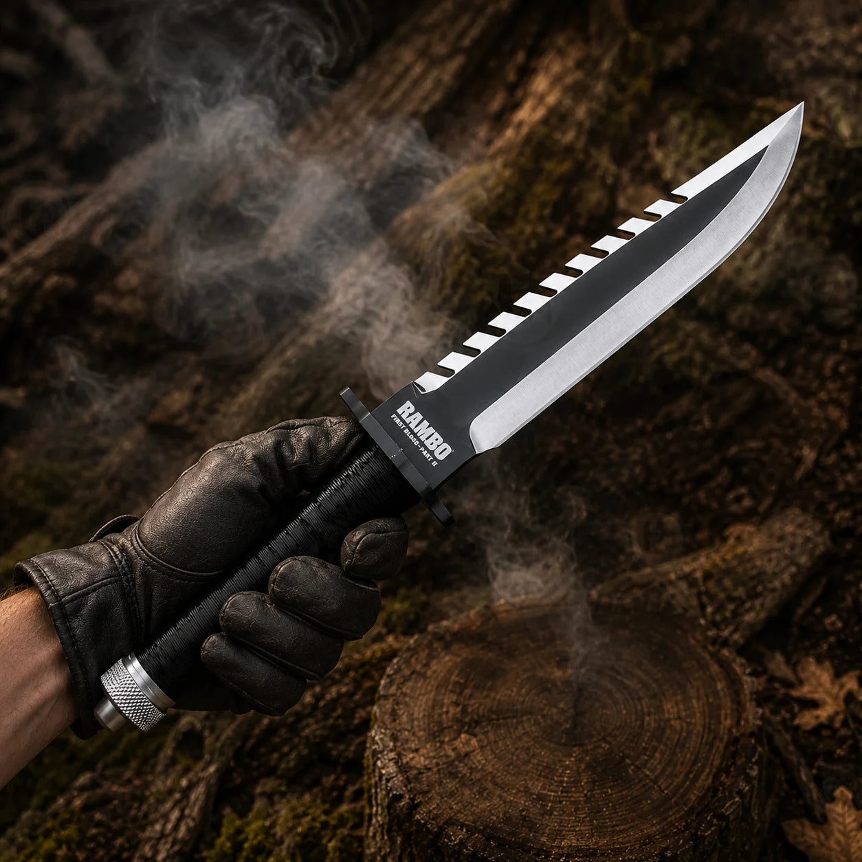 Black-gloved hand holding the Rambo First Blood Part II collectible knife in a smoky woodland setting