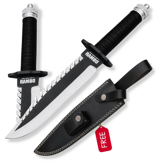 Rambo First Blood Part II knife replica with matte black sawback blade, cord-wrapped handle and free leather sheath