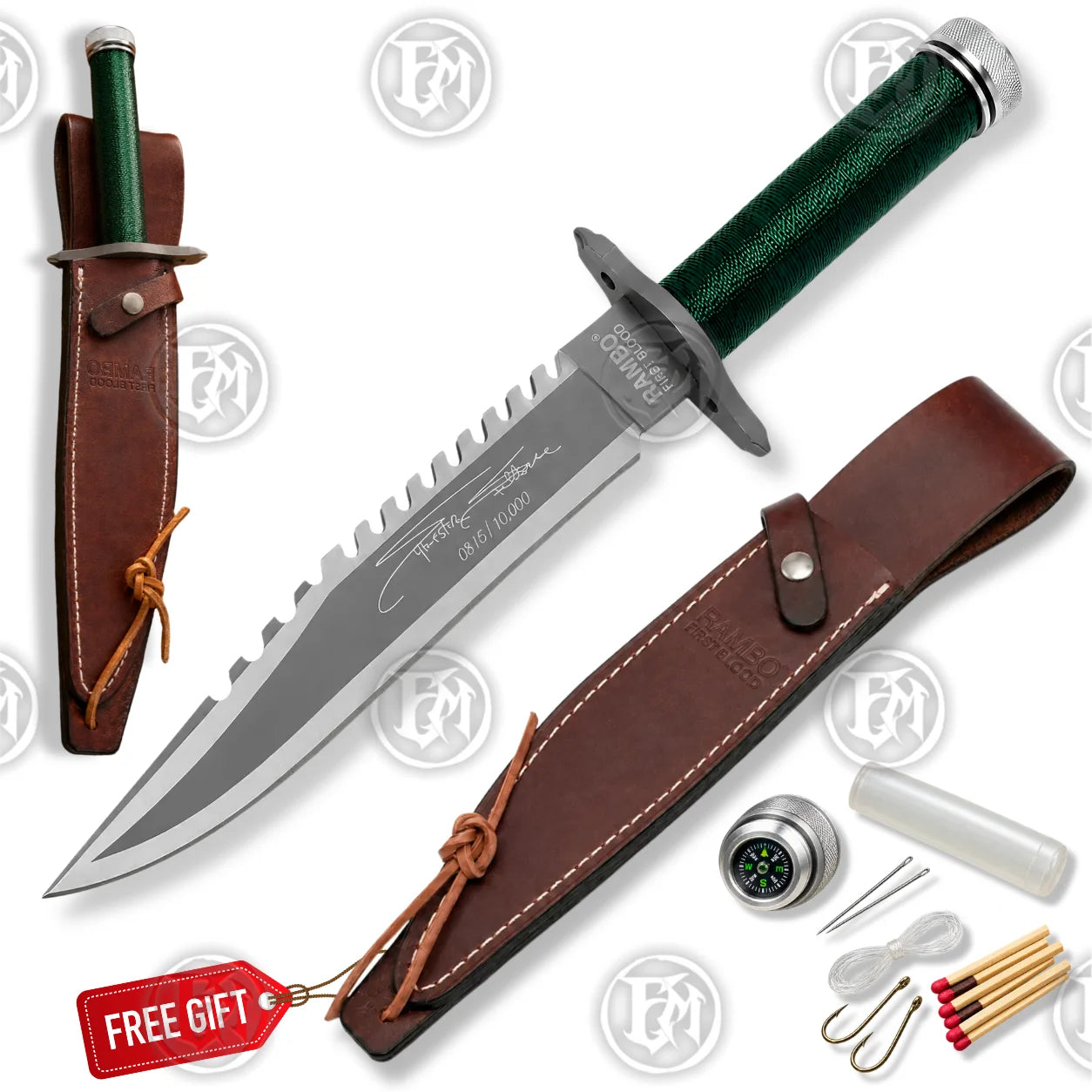 Rambo First Blood knife replica with green cord handle, brown leather sheath and survival-kit accessories on white background.