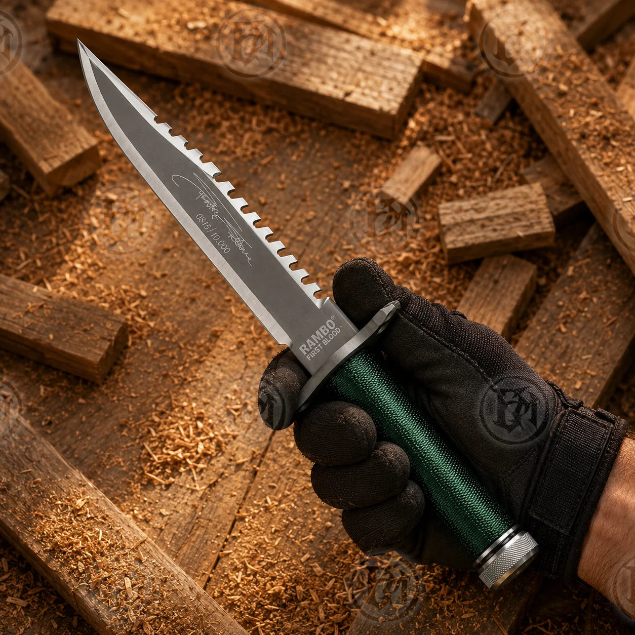 Gloved hand holding Rambo First Blood knife replica, showing sawback blade, signature-style markings and green cord grip.