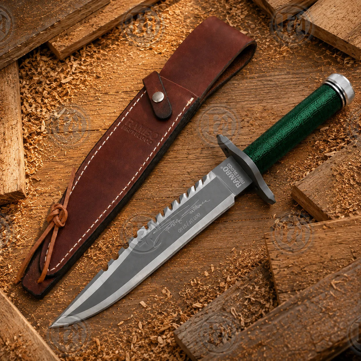 Full Rambo First Blood Signature Edition knife displayed beside its stitched brown leather sheath on rustic timber.