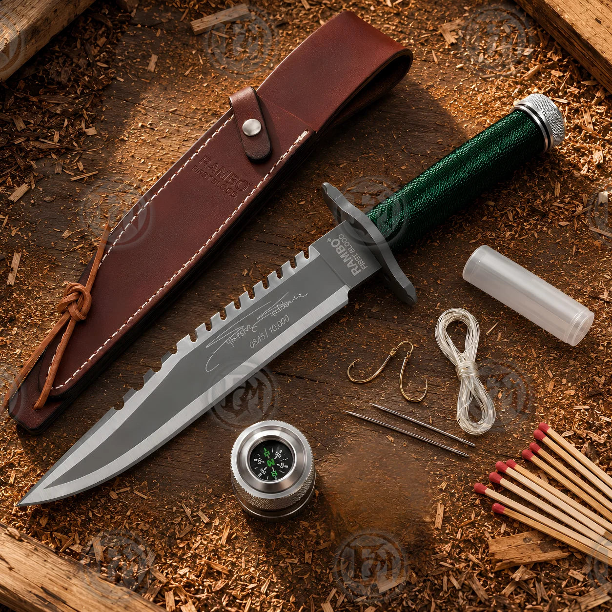 Rambo First Blood knife displayed with brown sheath, compass, matches, hooks, line and survival-themed accessories.