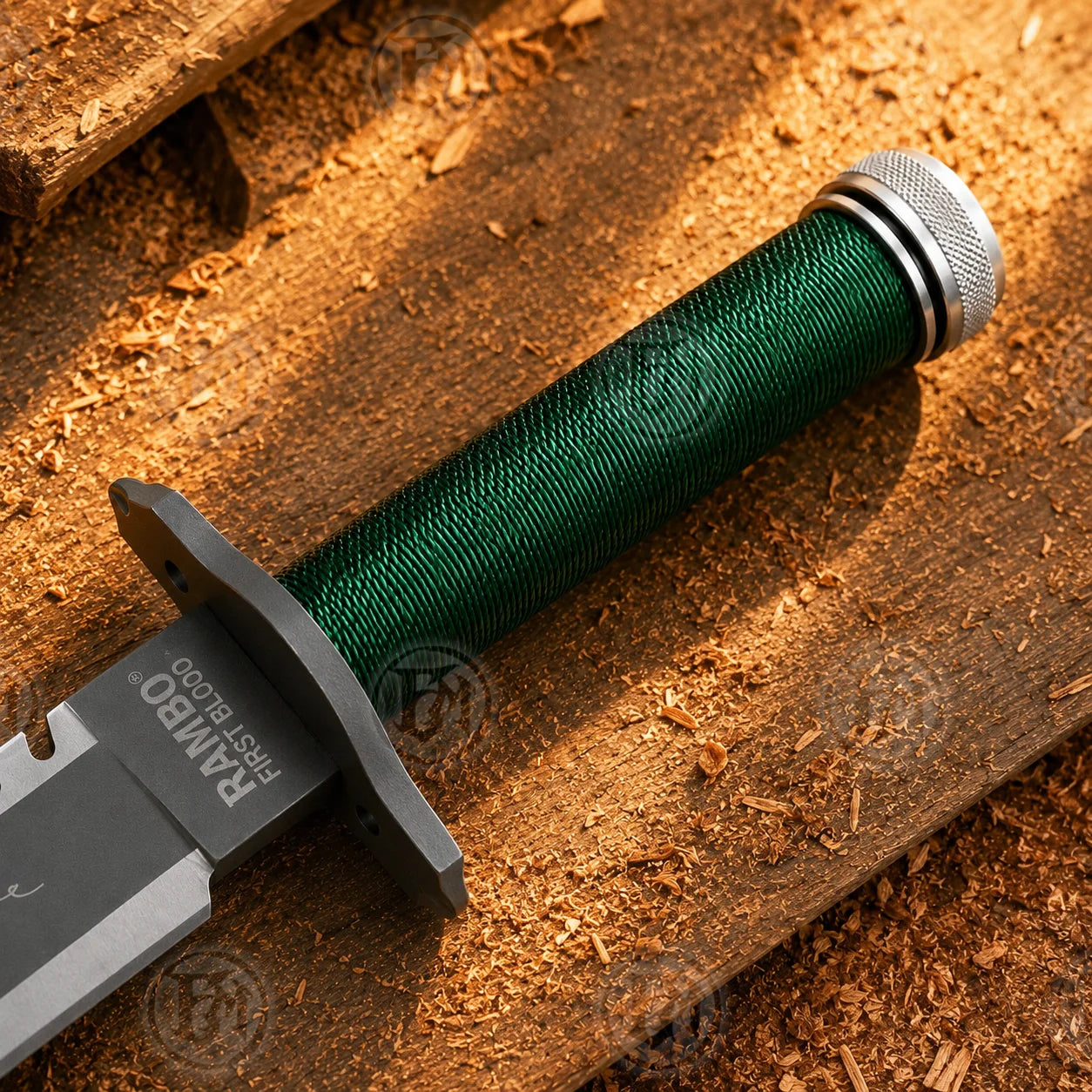 Rambo First Blood knife seated inside brown leather sheath with green cord-wrapped handle and silver pommel visible.