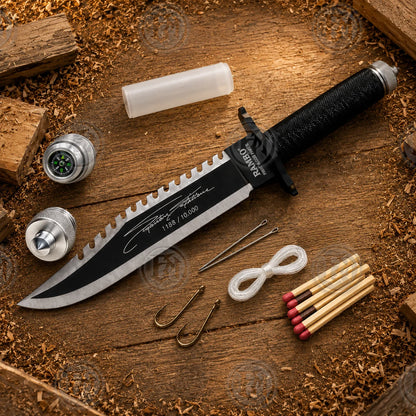 Rambo II movie-inspired knife laid beside compass-style and survival accessories on a rustic timber background.