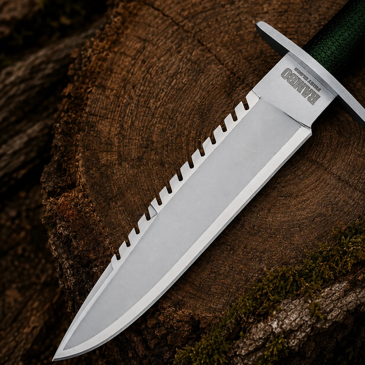 Close-up of the silver decorative blade and sawback-style detailing on the Rambo First Blood Part I replica