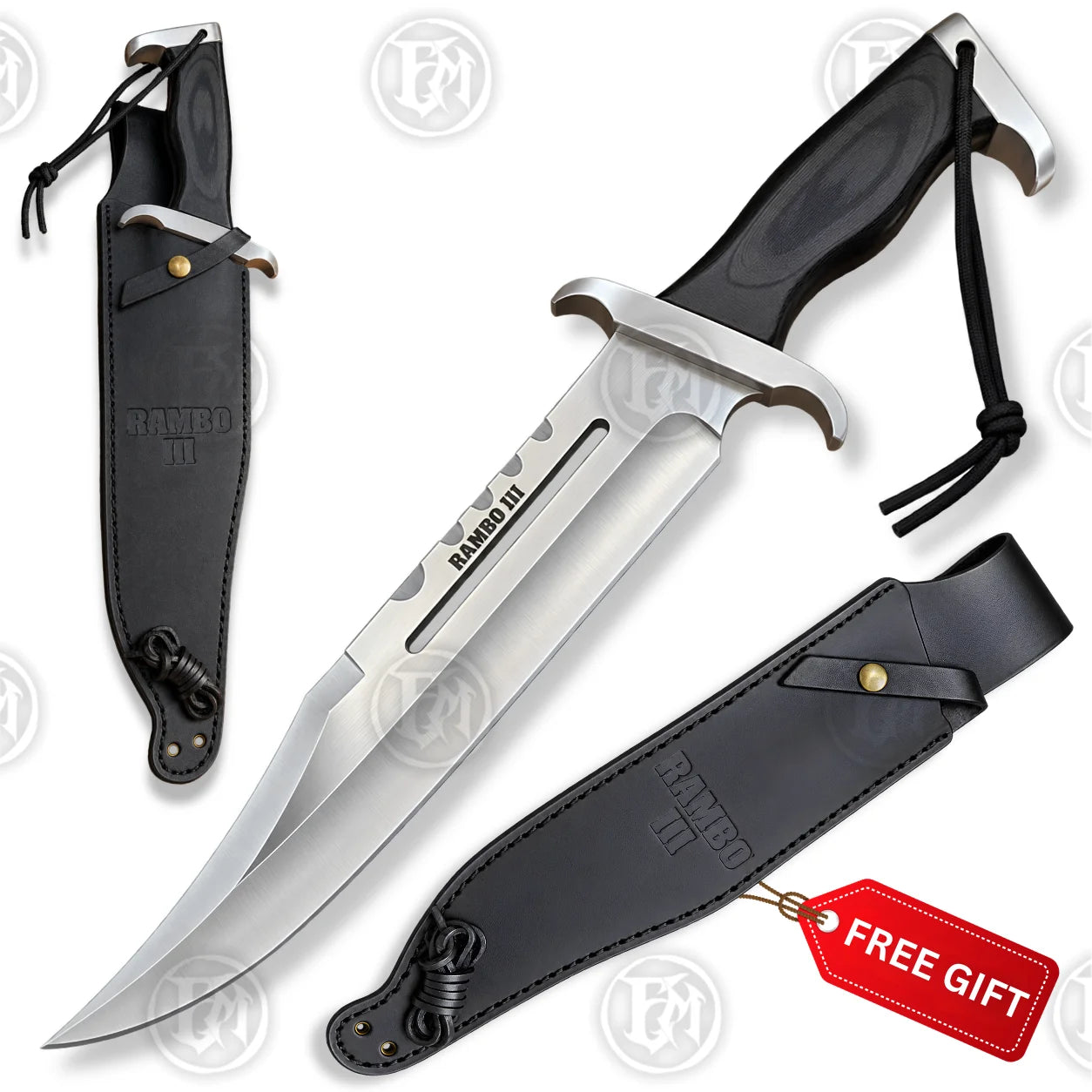 Rambo III movie survival Bowie knife replica with black sheath on white background, showing full knife and sheath views with free gift tag.