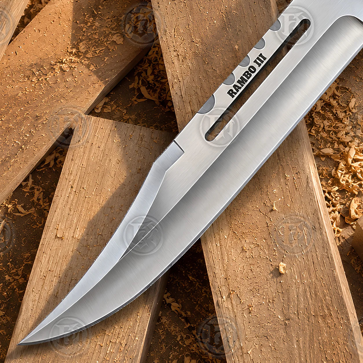 Detailed blade close-up of the Rambo III movie survival Bowie knife replica, highlighting the fuller slot and RAMBO III marking.
