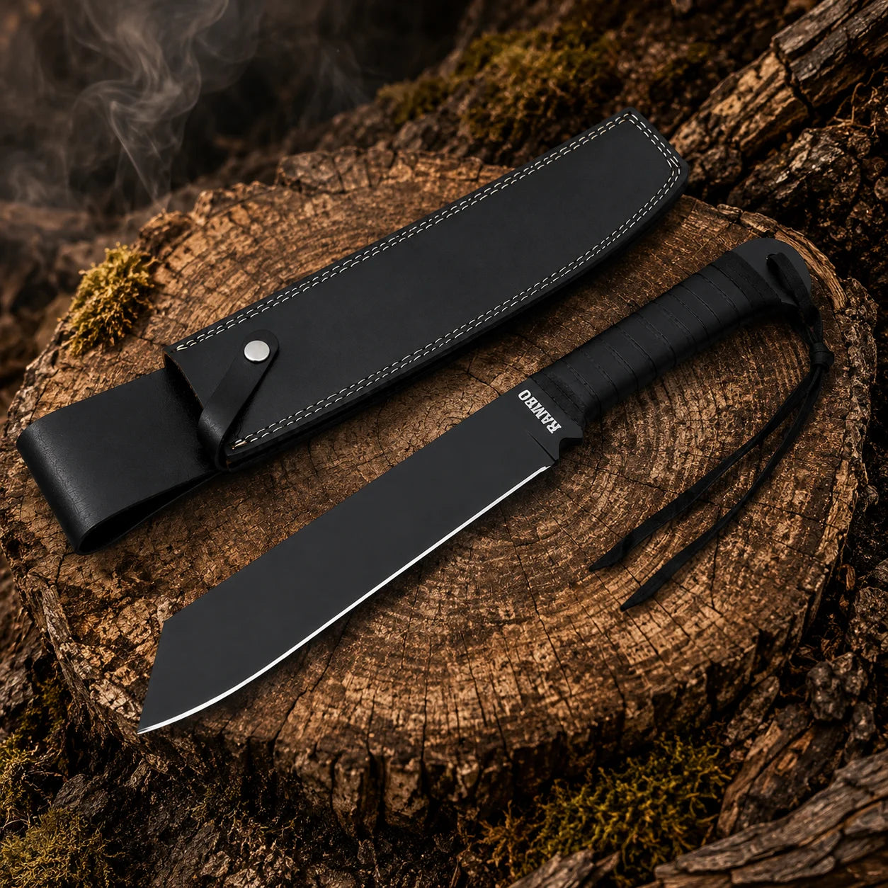 Rambo IV black machete collectible with matching stitched display sheath arranged on a woodland tree stump