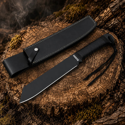 Rambo IV black machete collectible with matching stitched display sheath arranged on a woodland tree stump