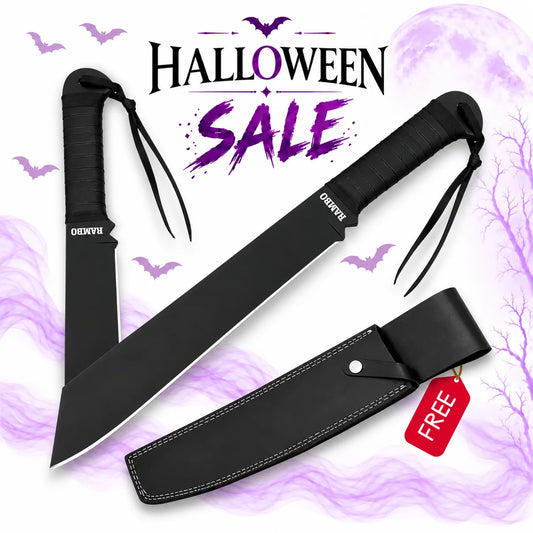 Rambo IV movie prop replica knife with black machete blade, ribbed handle and black sheath, featured in Europe Mark's Halloween sale.