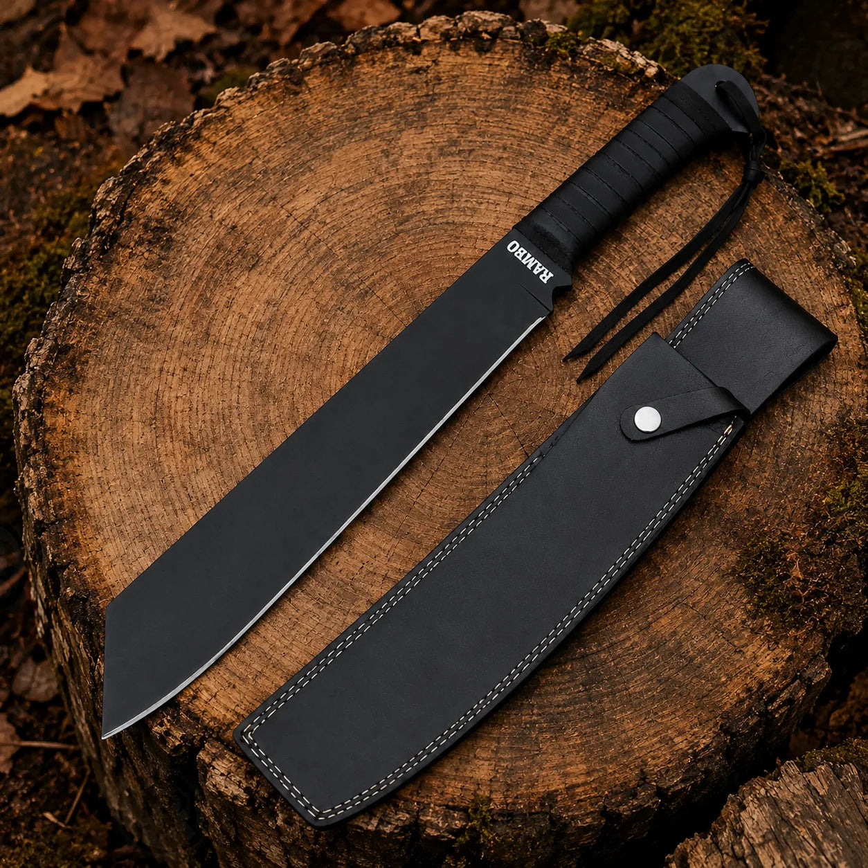 Rambo IV black machete movie collectible with stitched display sheath arranged on a woodland tree stump