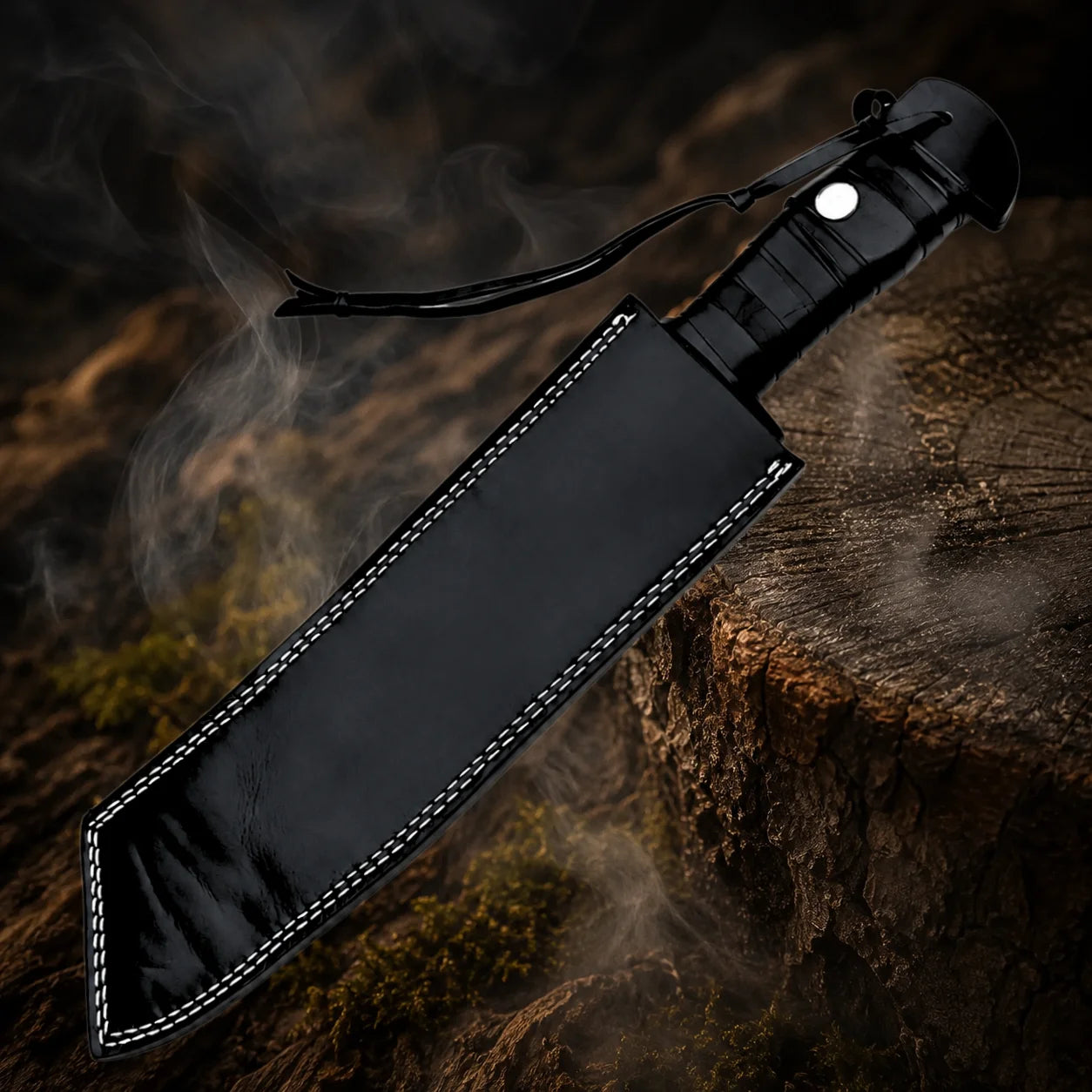 Rambo IV machete collectible stored inside its black stitched display sheath with wrapped handle and wrist straps visible