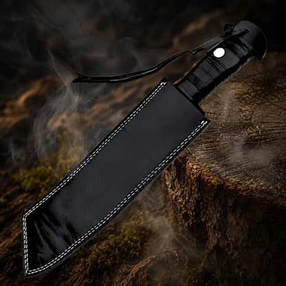 Rambo IV machete collectible stored inside its black stitched display sheath with wrapped handle and wrist straps visible