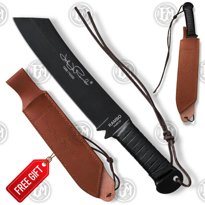 Rambo IV machete replica on white background with black numbered blade, wrapped handle and brown leather signature sheath.
