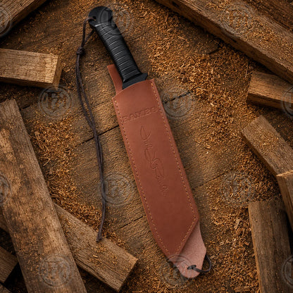 Rambo IV machete stored inside the brown leather sheath with black wrapped handle and lanyard visible.