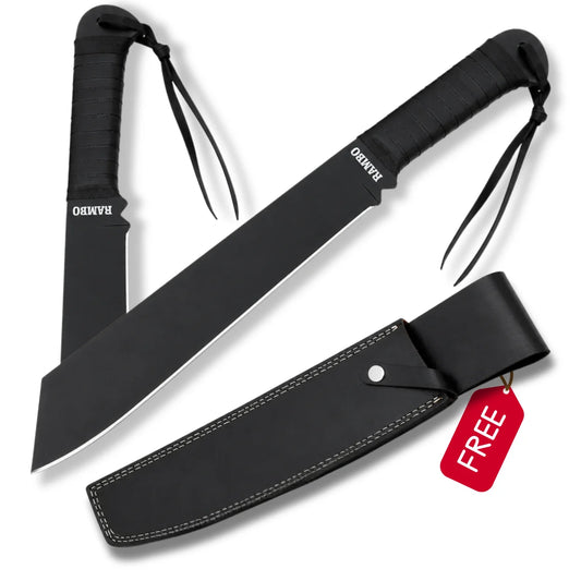 Rambo IV movie prop collectible with matte black blade, wrapped handle, wrist straps and free black stitched display sheath on white background