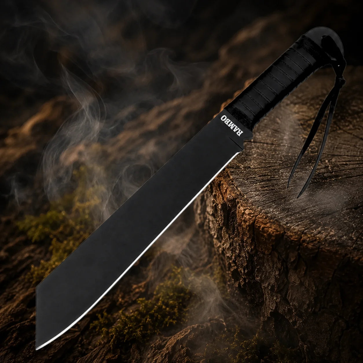 Full-length Rambo IV movie prop featuring a matte black blade, contrasting silver edge detail and black wrapped handle