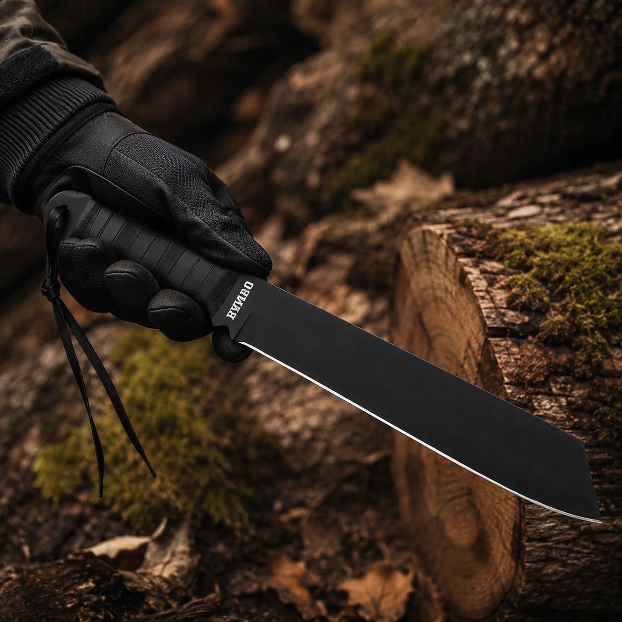 Black-gloved hand presenting the Rambo IV movie prop with matte black blade, wrapped grip and wrist straps in a woodland setting